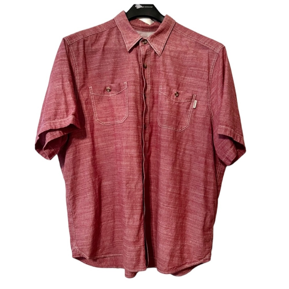 Woolrich Men’s Button Up Shirt XXL Chambray Red Wash Cotton Short Sleeve